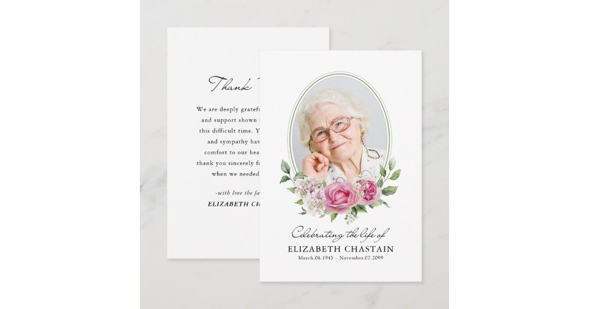 Elegant Photo Pink Floral Funeral Memorial Thank You Card | Zazzle