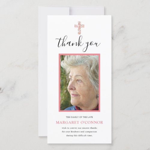 Elegant Photo Pink Floral Memorial Thank You Card