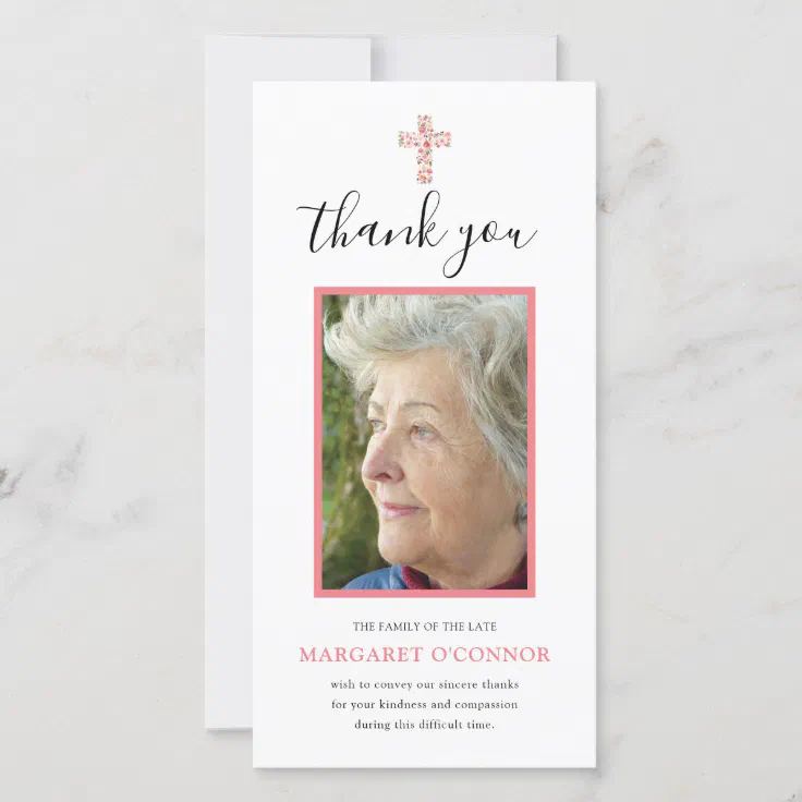 Elegant Photo Pink Floral Memorial Thank You Card | Zazzle