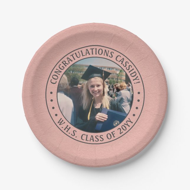 Elegant Photo Pink Rose Gold Modern Graduation Paper Plates (Front)
