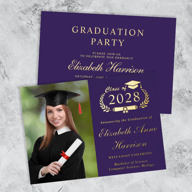 Elegant Photo Purple College Graduation Party Foil Invitation | Zazzle