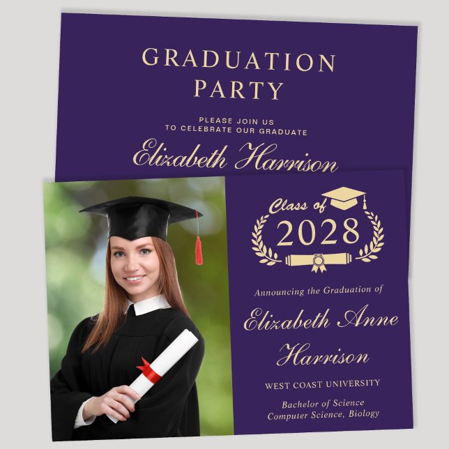Elegant Photo Purple College Graduation Party Invitation (An elegant college graduation party invitation to celebrate the graduate's achievements)