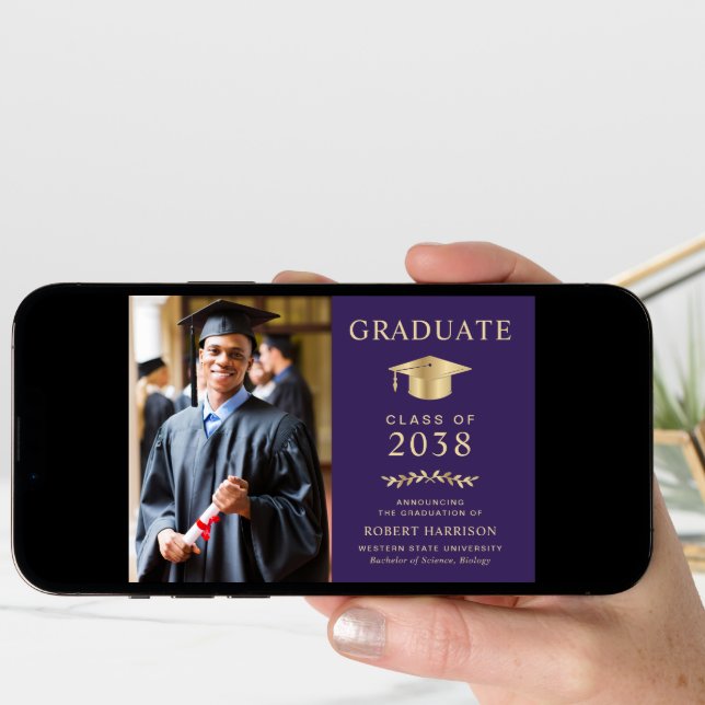 Elegant Photo Purple Gold College Graduation Announcement (Front Digital)