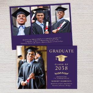 Elegant Photo Purple Gold College Graduation Announcement
