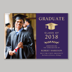 Elegant Photo Purple Gold College Graduation Announcement