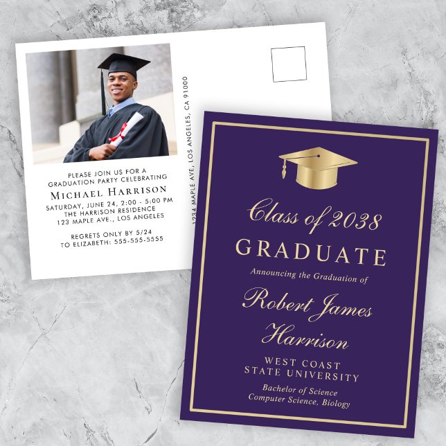 Elegant Photo Purple Gold Graduation Party Invitation Postcard (An elegant college graduation party invitation to celebrate the graduate's achievements)