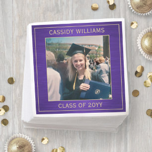 Elegant Photo Purple Gold Modern Graduation Party Napkins
