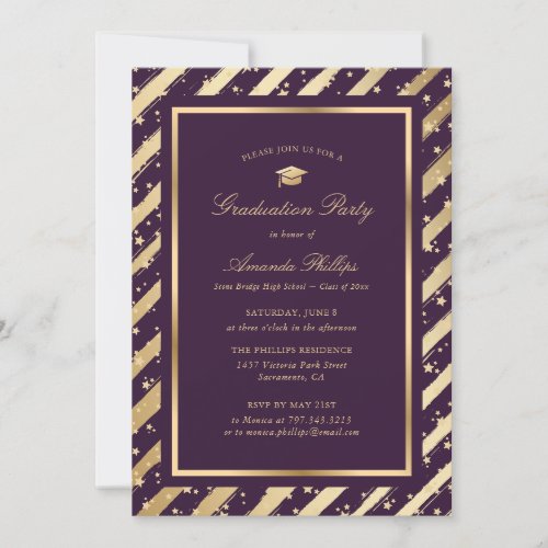Elegant Photo Purple Gold Stripes Graduation Party Invitation