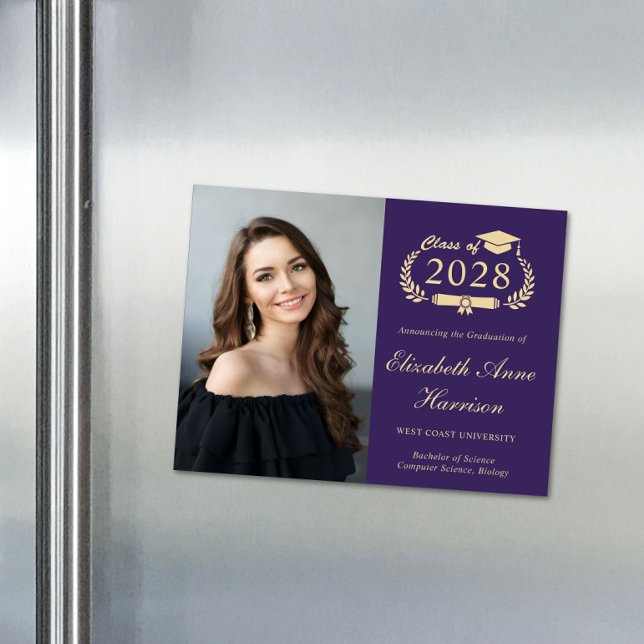 Elegant Photo Purple Graduation Magnetic Card (An elegant magnetic college graduation announcement to celebrate the graduate's achievements)