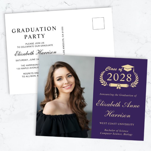 Elegant Photo Purple Graduation Party Invitation Postcard (An elegant college graduation party invitation to celebrate the graduate's achievements)