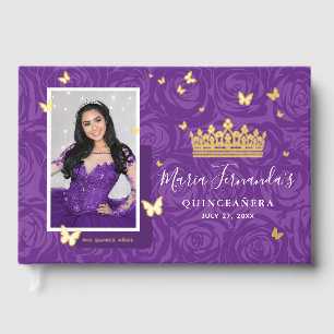 Elegant Photo Purple Quinceanera Real Gold Foil Guest Book