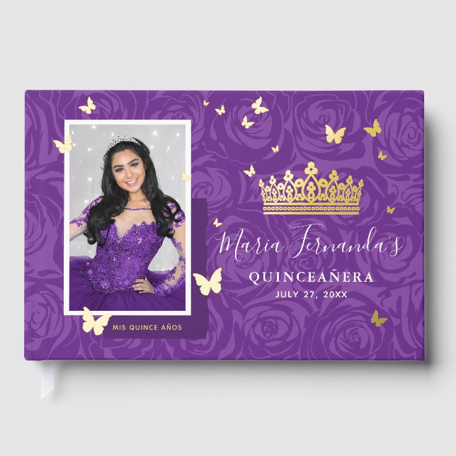 Elegant Photo Purple Quinceanera Real Gold Foil Guest Book (Front)