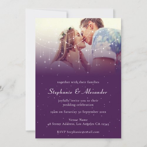 Elegant Photo Purple String Lights Wedding Invitation