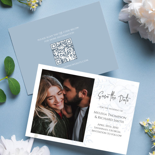 Elegant Photo QR Code Blue Simple Stylish Rose  Save The Date