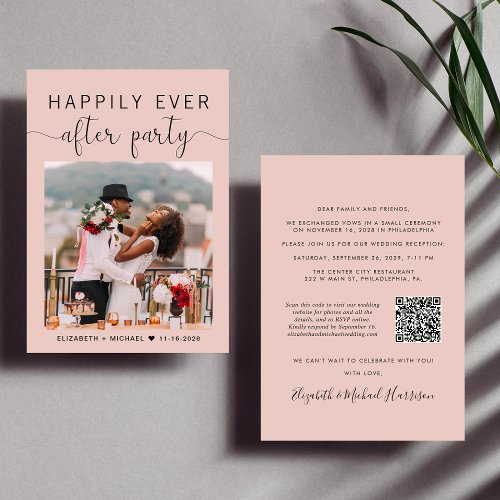 Elegant Photo QR Code Blush Wedding Reception Invitation