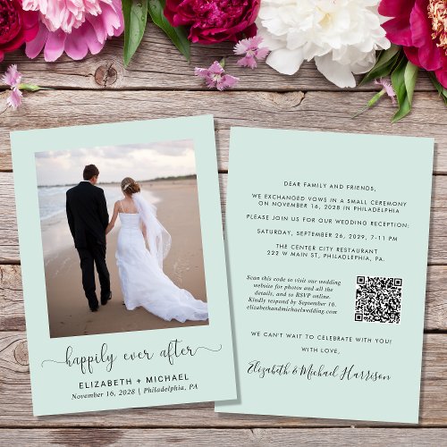 Elegant Photo QR Code Mint Wedding Reception Invitation