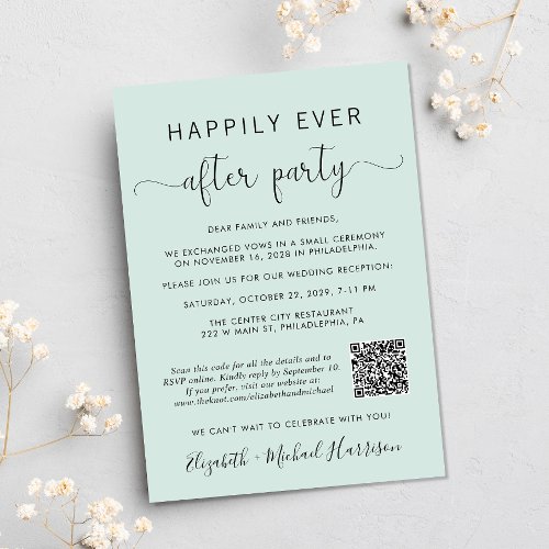 Elegant Photo QR Code Mint Wedding Reception Invitation