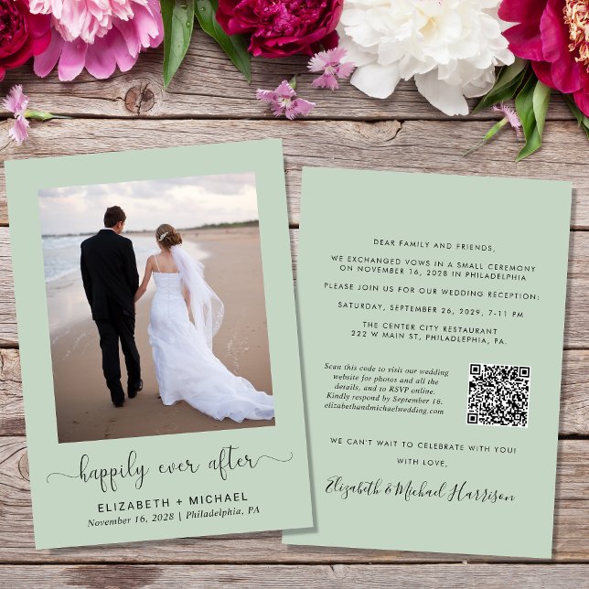 Elegant Photo QR Code Sage Wedding Reception Invitation (Creator Uploaded)