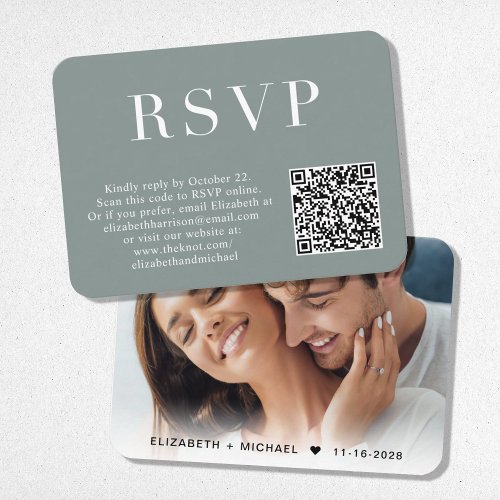 Elegant Photo QR Code Sage Wedding RSVP Enclosure Card