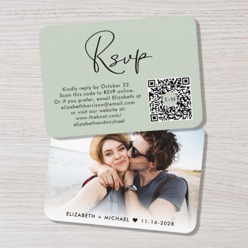 Elegant Photo QR Code Wedding Sage RSVP Enclosure Card