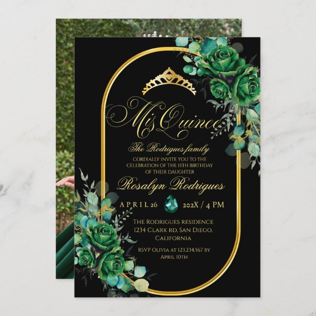 Elegant Photo Quinceanera black green Birthday Invitation (Front/Back)