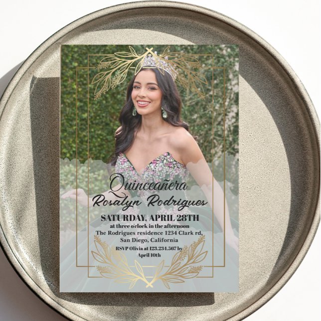 Elegant Photo Quinceanera Gold Tiara Invitation (Creator Uploaded)