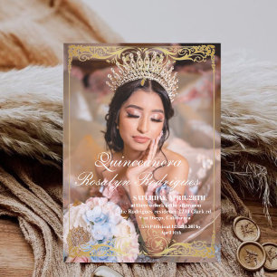 Elegant Photo Quinceanera Gold White Invitation