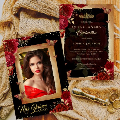 Elegant Photo Quinceanera Red Rose Gold Birthday  Foil Invitation