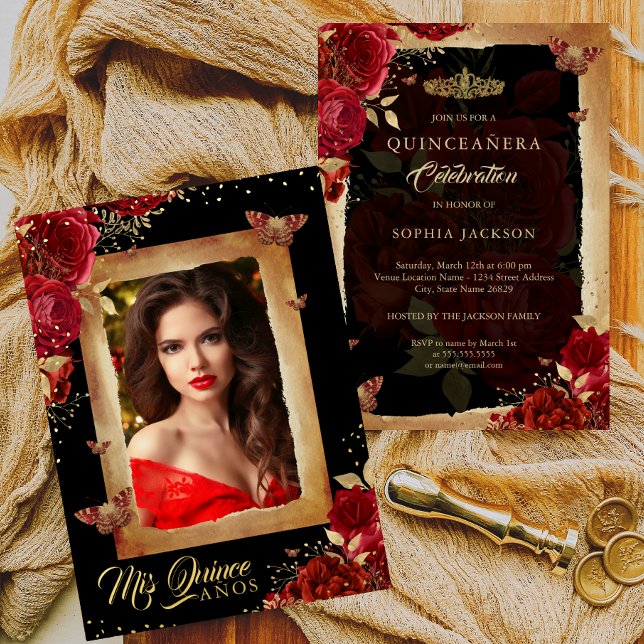 Elegant Photo Quinceanera Red Rose Gold Birthday  Foil Invitation (Creator Uploaded)