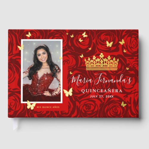 Elegant Photo Real Gold Foil and Red Quinceanera Foil Guest Book