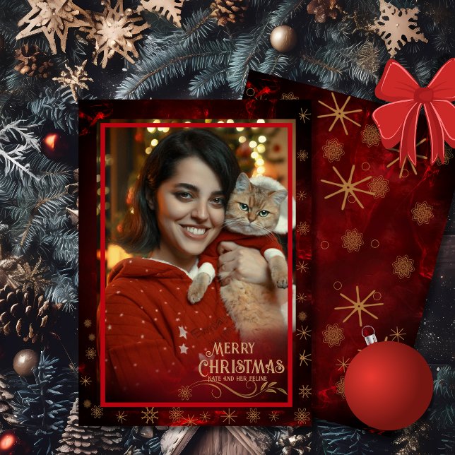 Elegant Photo RED GOLD Merry Christmas  Holiday Card (Elegant Photo RED GOLD Merry Christmas Holiday Card)