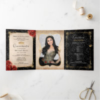 Elegant Photo Red Rose Black and Gold Quinceanera