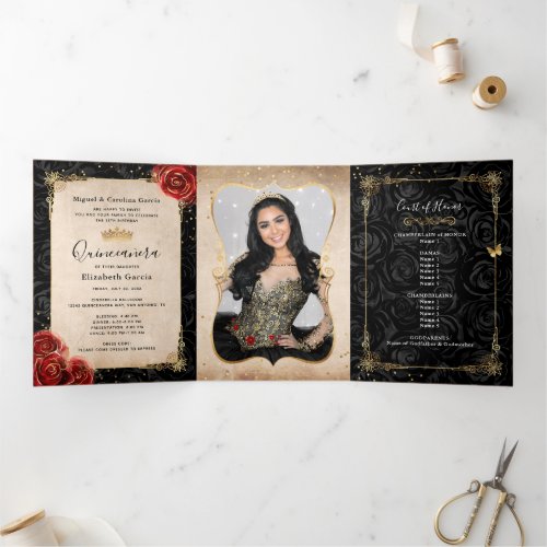 Elegant Photo Red Rose Black and Gold Quinceanera Tri_Fold Invitation