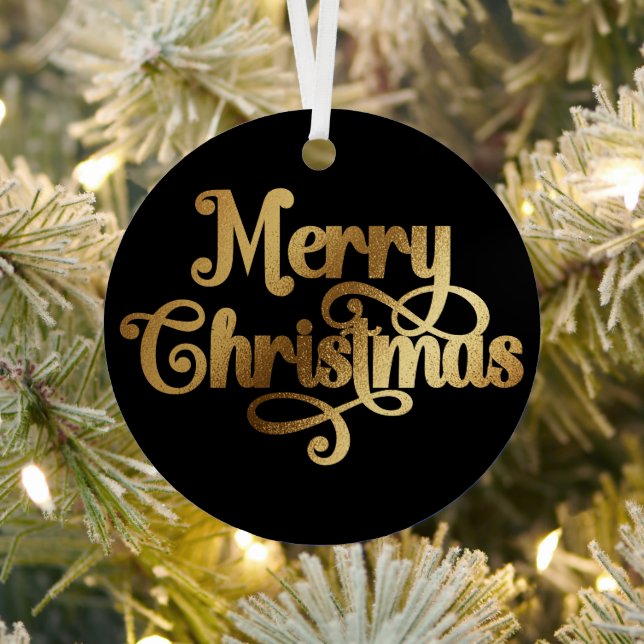 Elegant Photo Retro Black and Gold Merry Christmas Metal Ornament (Insitu)