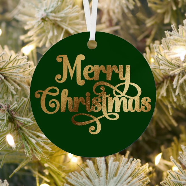Elegant Photo Retro Green and Gold Merry Christmas Metal Ornament (Insitu)