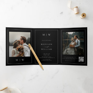 Elegant Photo RSVP Details QR Code Black Wedding Tri-Fold Invitation