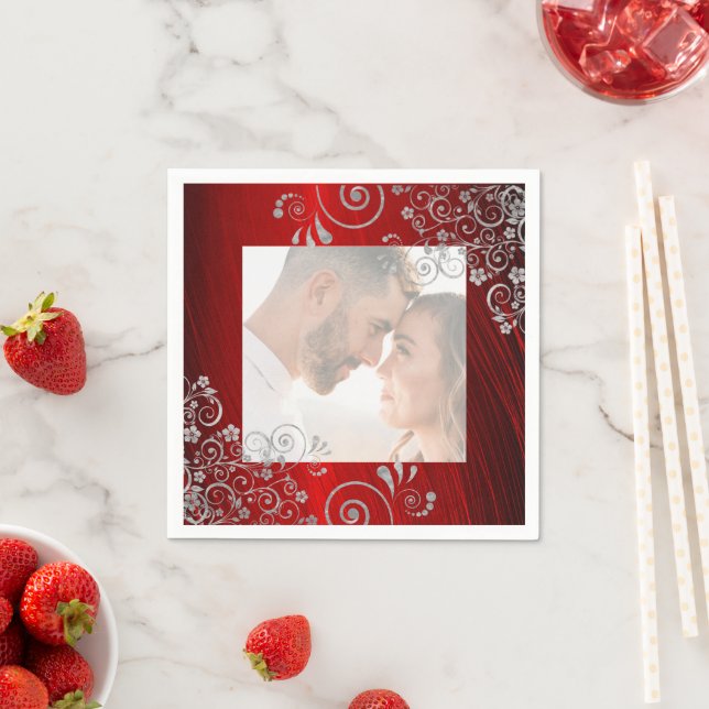  Elegant Photo  Ruby Red Gray Swirls Wedding Napkins (Insitu)