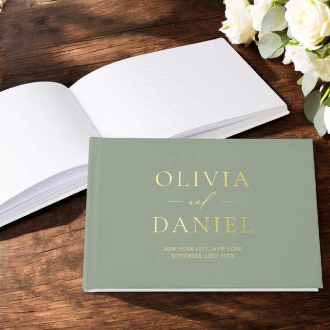 Elegant Photo Sage Green Gold Modern Minimalist Foil Guest Book (Creator Uploaded)