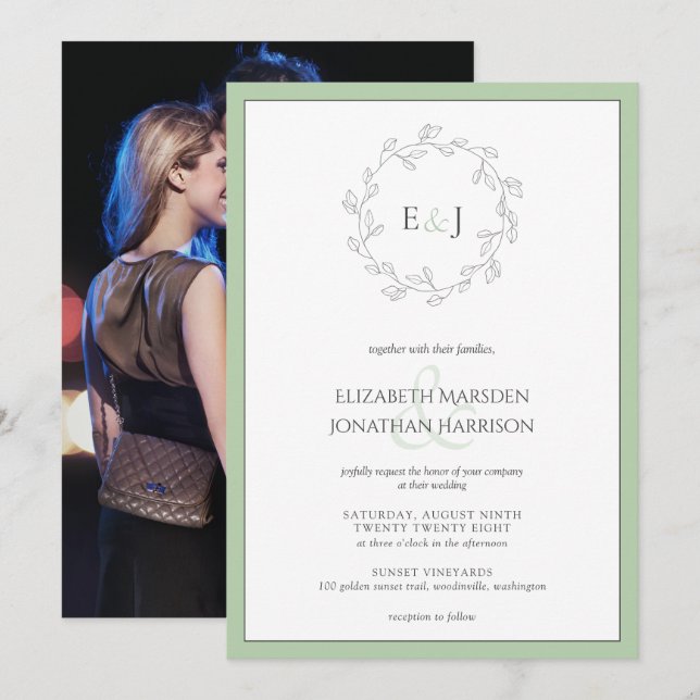 Elegant Photo Sage Green Monogram Wreath  Invitation (Front/Back)