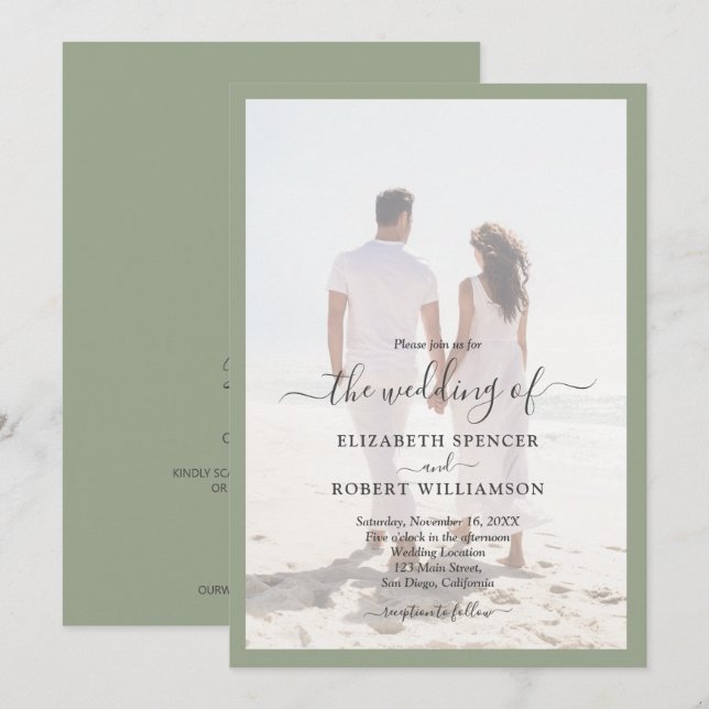 Elegant Photo Sage Green Wedding Invitation (Front/Back)
