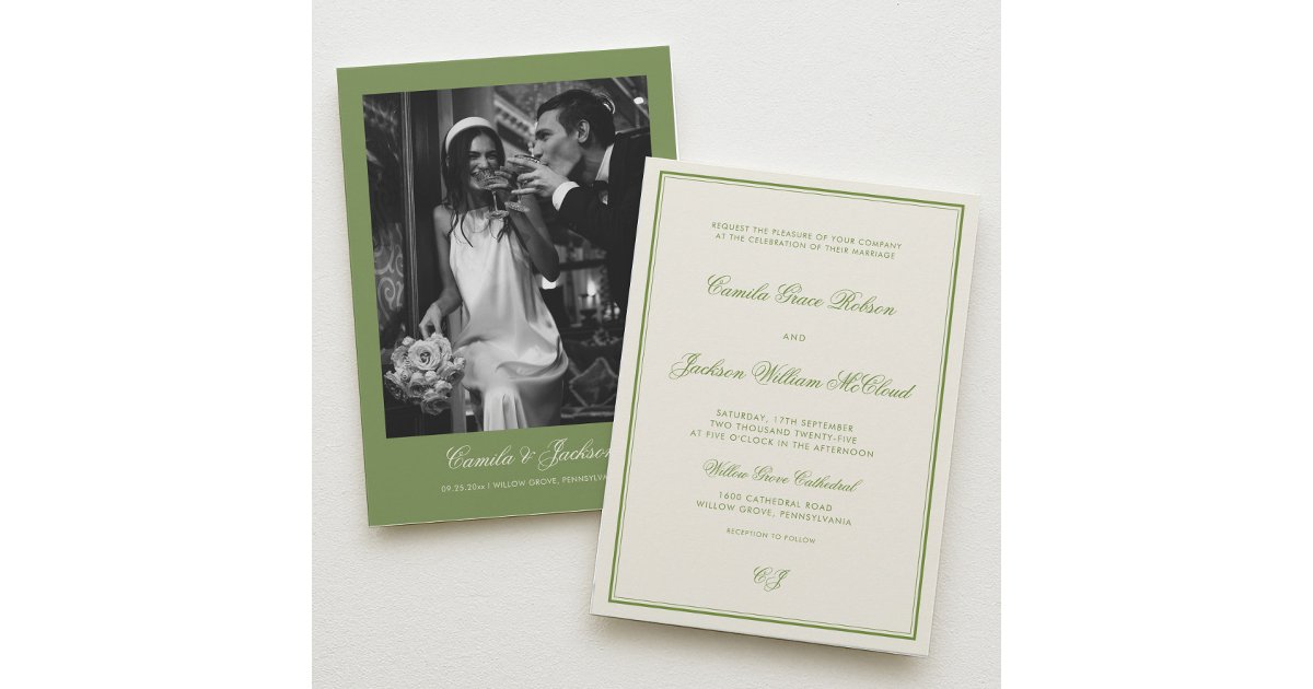 Elegant Photo Sage Green Wedding Invitation | Zazzle