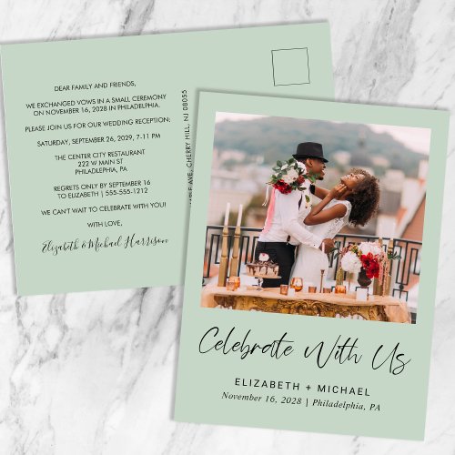 Elegant Photo Sage Green Wedding Reception Announcement Postcard