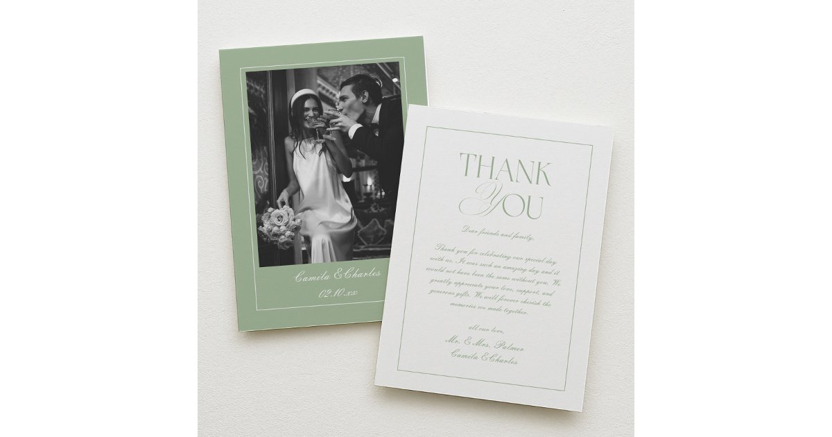 Elegant Photo Sage Green Wedding Thank You Card | Zazzle