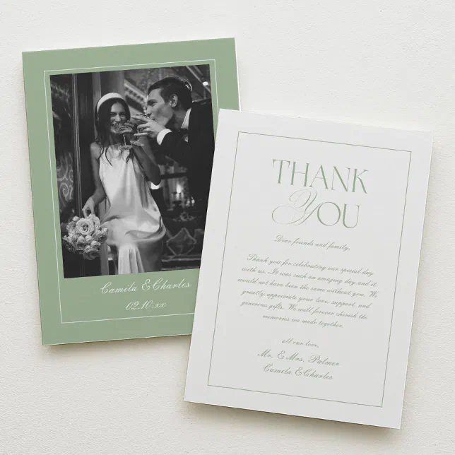 Elegant Photo Sage Green Wedding Thank You Card | Zazzle