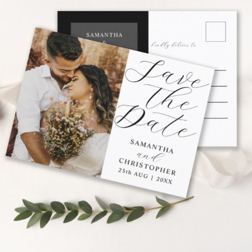 Elegant Photo Save the Date Black  White Wedding  Announcement Postcard