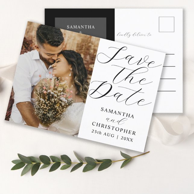 Elegant Photo Save the Date Black & White Wedding  Announcement Postcard (Creator Uploaded)