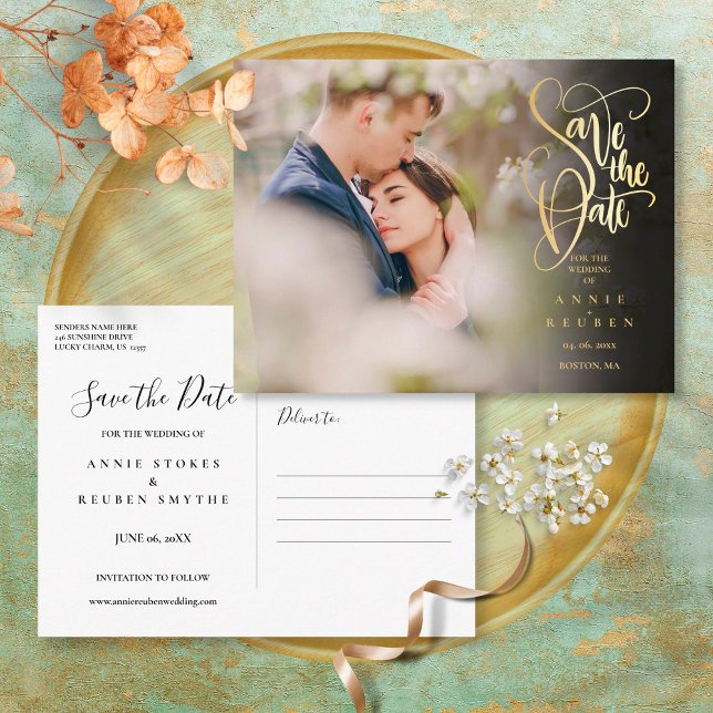 Elegant Photo Save the Date Chic Gold Script Postcard (Creator Uploaded)