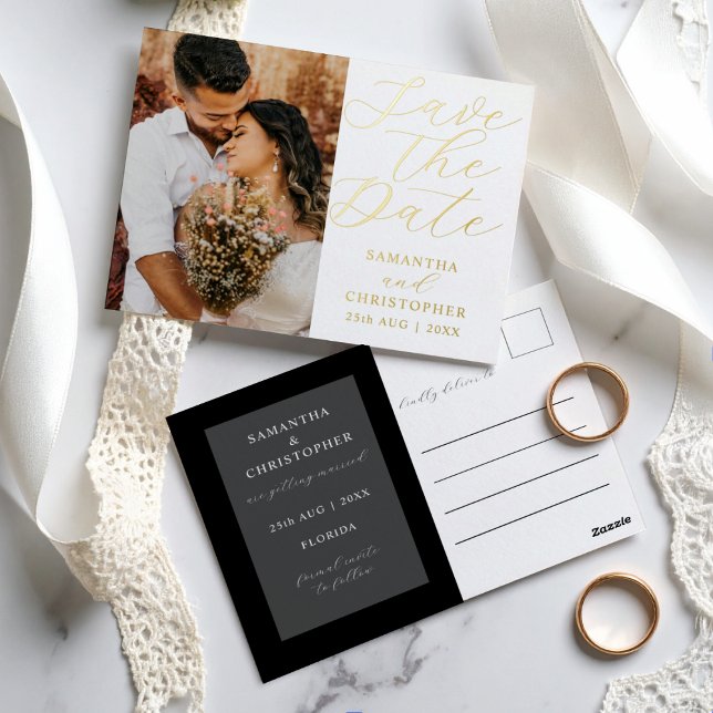 Elegant Photo Save the Date Real Gold Wedding  Foil Holiday Postcard (Creator Uploaded)