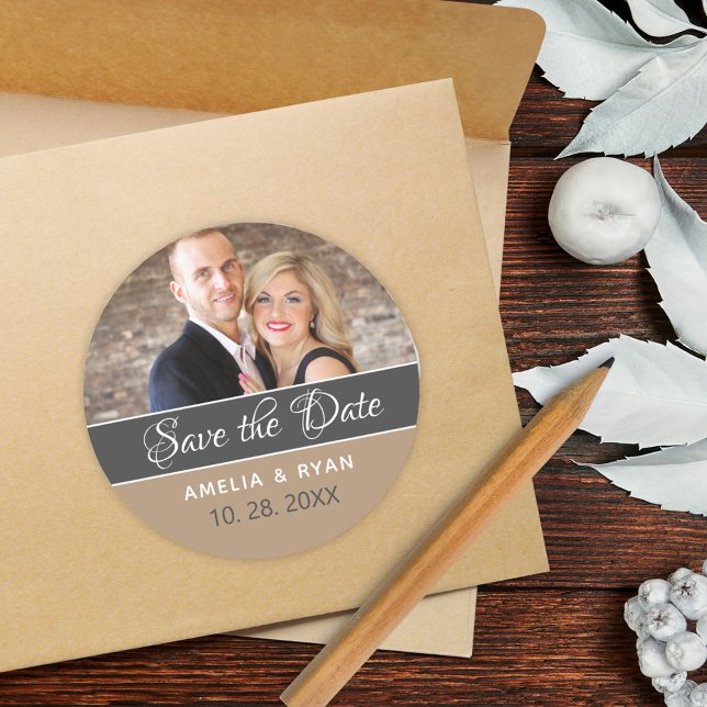 Elegant Photo Save the Date Wedding Classic Round Sticker (Creator Uploaded)