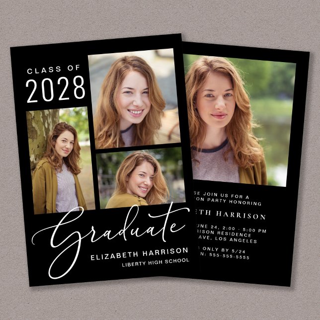 Elegant Photo Script Black Graduation Party Invitation (An elegant college graduation party invitation to celebrate the graduate's achievements)